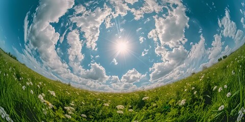 Wall Mural - Fish-eye lens view of a lush green meadow under a sunny blue sky with fluffy clouds. idyllic nature scene. perfect for backgrounds and wallpapers. AI