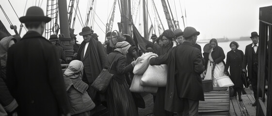 Busy historical quayside scene with immigrants and travelers, laden with belongings, conveying a journey of hope