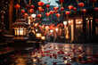 Chinese Lanterns hanging in a street for celebrating Chinese NewYear