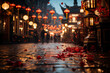A street in China Asia with in the distance people celebrating Chinese NewYear