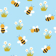 © Evalinda - Seamless pattern with bee and daisy. Childish background. Vector illustration. It can be used for wallpapers, wrapping, cards, patterns for clothes and others.