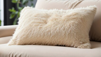 Wall Mural - Pillow in trendy color off white Fuzz. Background with selective focus and copy space.