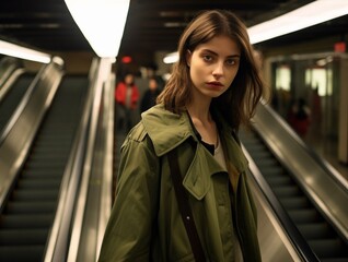 Wall Mural - full-length photograph of a young girl walking down an empty escalator in the subway, looking natural, with subtle makeup highlighting her full lips and eyes, wearing an olive green raincoat