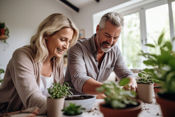 Wall Mural - Caucasian married middle aged couple planting herbs in living room