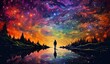 man exploring beautiful colorful world, nature and astronomy, in style of vibrant illustrations