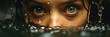 Lady eyes from water A closeup photo, direct and sharp eyesight look of a female with wet hair and raising out from water
