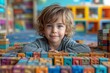 A curious toddler with piercing blue eyes carefully constructs a tower of vibrant blocks, his or her colorful clothing adding to the playful and joyful atmosphere of the indoor play session