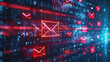 Email inbox filled with spam messages, each marked with a warning icon for potential threats