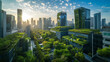 © 1st footage - City skyline portraying the future of eco-friendly construction, with buildings equipped with green roofs, solar panels, and innovative design for sustainability
