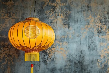 beautiful yellow chinese lantern isolated on grey chinese ornament pattern