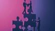 Silhouetted figures collaborate to connect large puzzle pieces, symbolizing teamwork, problem-solving, and strategic partnership in business.