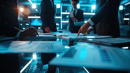 Poster - Corporate professionals gathered around a table, reviewing and pointing at financial documents in a modern, high-tech office environment.