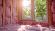 © sitimutliatul - Home renovation with pink insulation and a window showcasing greenery outside