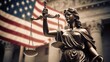 Statue of Lady Justice with American Flag Background Symbolizing the United States Legal System and Judiciary