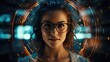 Hi-tech eyeglass, attractive woman wearing high technology glasses with Data line icon on eyeglasses and voice assistance function, generative ai
