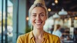 © AI Factory - Glowing Portrait of a Cheerful Young Woman with blonde hair and Warm Smile in a green Indoor Setting with Soft Lighting