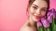 © AI Factory - Glowing Fresh-Faced Young Woman Embracing Spring with a Bouquet of Purple Tulips, Radiant Beauty and Wellness on a Delicate Pink Background