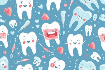 Wall Mural - Funny seamless images of small and large teeth and everything related to dentistry, dental care concept and international dentist day celebration