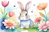 Fototapeta Dziecięca - Watercolor drawing of a little rabbit in flowers and grass in pastel colors
