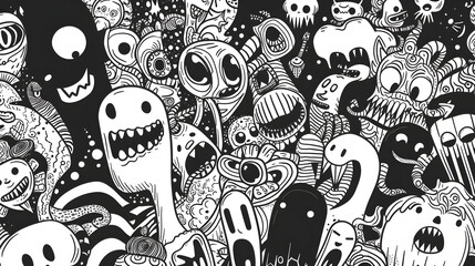 Canvas Print - monsters. Funny line hand-drawn aliens for coloring pages. Flat illustration