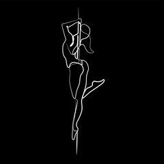 Wall Mural - Pole dancer, dancing girl beautiful female abstract silhouette continuous line drawing, tattoo, print for clothes and logo design, silhouette on black background, isolated vector illustration.