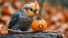 A Cockatiel Bird Interacts With A Small Decorated Halloween Pumpkin On A Forest Floor Covered In Autumn Leaves.
