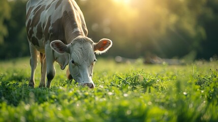 Tranquil pastoral scene with a cow grazing peacefully in the meadow