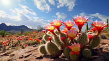Cactus With Red And Yellow Flowers In The Desert