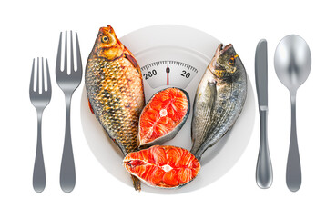 Poster - Fresh fish on the plate with weight scale. Healthy and dieting food. 3D rendering  isolated on transparent background
