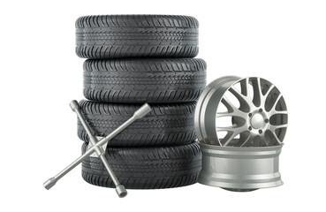Poster - Car wheels and car rims with universal lug wrench. Auto service, concept. 3D rendering isolated on transparent background