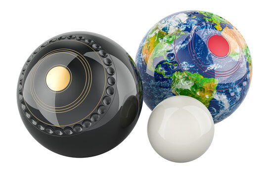 Lawn bowls with texture Earth map and jack, 3D rendering isolated on transparent background