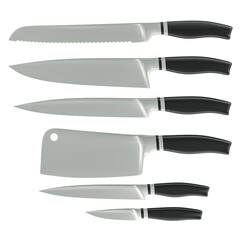 Poster - Set of kitchen knives, 3D rendering isolated on transparent background