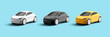 © YarM - Set of modern 3d render car models, simplified shapes, big wheels, new generation car, yellow black and white colors