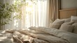 Serene bedroom ambiance with plush pillows and sunlight filtering through