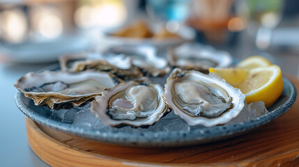 A plate of freshly shucked oysters, with ice and lemon wedges on the side.