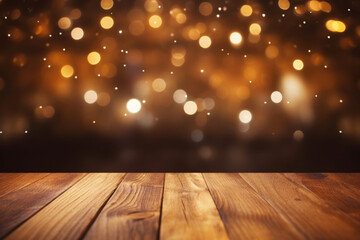 Wall Mural - warm bokeh lights on wooden surface for festive backgrounds