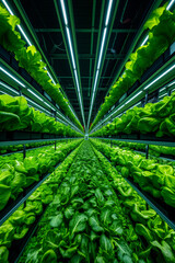 a commercial-scale vertical hydroponic farm, expansive rows of vibrant vegetables and fruits under a vast array of LED lights, Generative AI