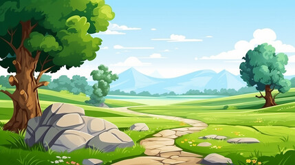 Sticker - Idyllic cartoon landscape with lush trees and mountain views