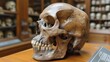 Detailed human skull displayed in a historical collection.
