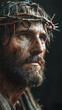 cara de Jesucristo ensangrentada con corona de espinas, sobre fondo negro, concepto semana santa