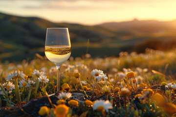 Wall Mural - Wine glass against sunset over field of wildflowers