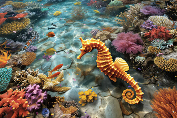 Wall Mural - Image for 3d floor. Underwater world. Seahorse. corals.