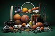 A collection of various sports balls, including soccer, tennis, basketball, volleyball, baseball, and softball, stacked neatly on top of a green floor, Sports Equipment, AI Generated