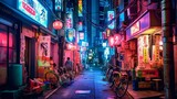 Fototapeta Sawanna - Busy alleyway of Tokyo, neon lights. Generative AI