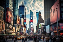 A Vibrant Urban Landscape Featuring A Bustling City Street Filled With A Myriad Of Tall Skyscrapers, The Hustle And Bustle Of Times Square In New York City, AI Generated