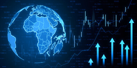Poster - Abstract growing business chart, globe and arrows on wide blue background. Financial growth and market concept. 3D Rendering.