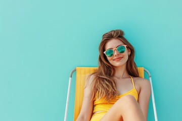 Wall Mural - Beautiful happy young woman in sunglasses sits in a beach chair isolated on a flat pastel blue background with copy space. Summer tourist banner template