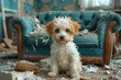 A playful terrier pup sits amidst the debris, eagerly awaiting its owner's return to the cozy indoor space filled with a comfy couch and chair