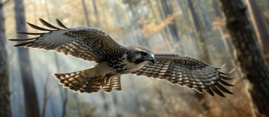 Wall Mural - Northern Goshawk Soaring Gracefully Through Enchanting Northern Forest