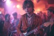 © Larisa AI - A skilled guitarist captivates the audience at a vibrant rock concert, his clothing and human face reflecting the energy of his performance as he strums his bass guitar in perfect harmony with the mu